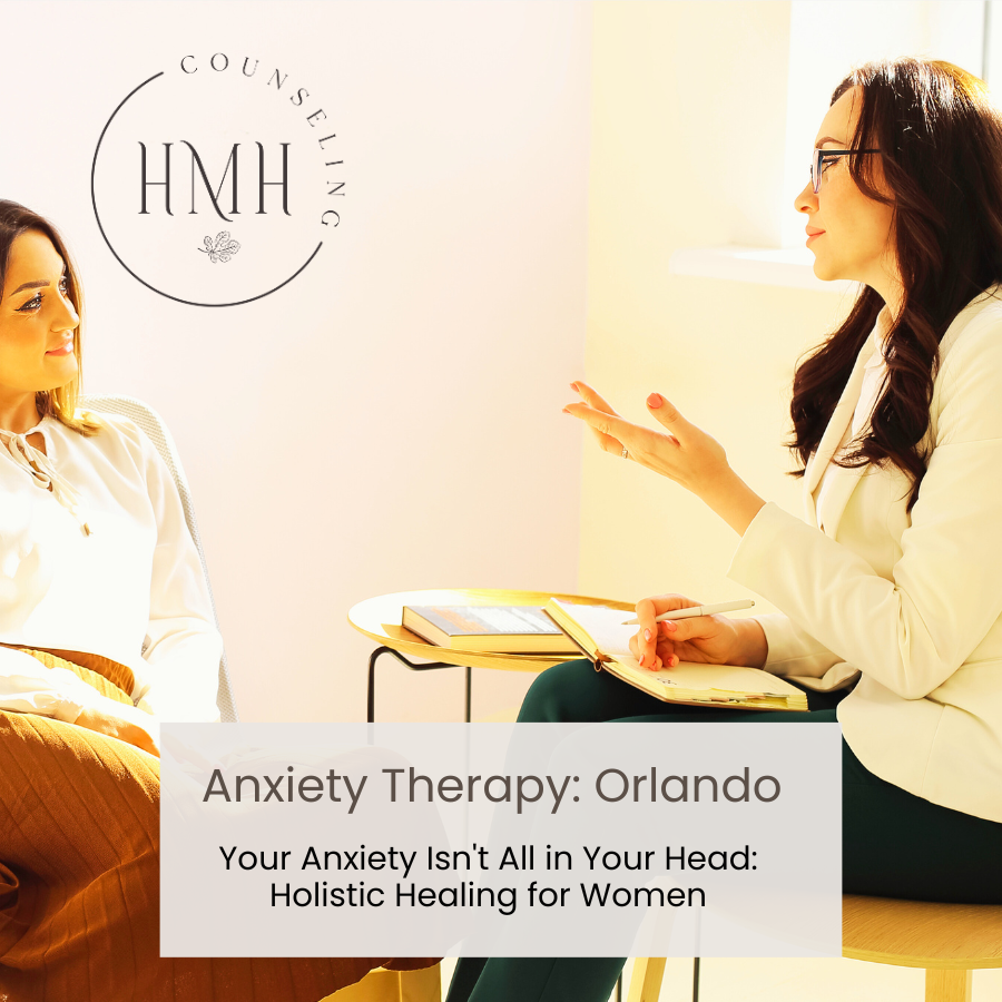 Therapist and client in welcoming Orlando anxiety counseling session discussing holistic mental health