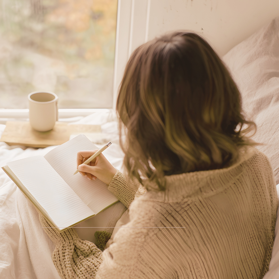 Woman journaling and practicing self-care for holiday anxiety management, therapeutic technique taught by Orlando mental health counselor