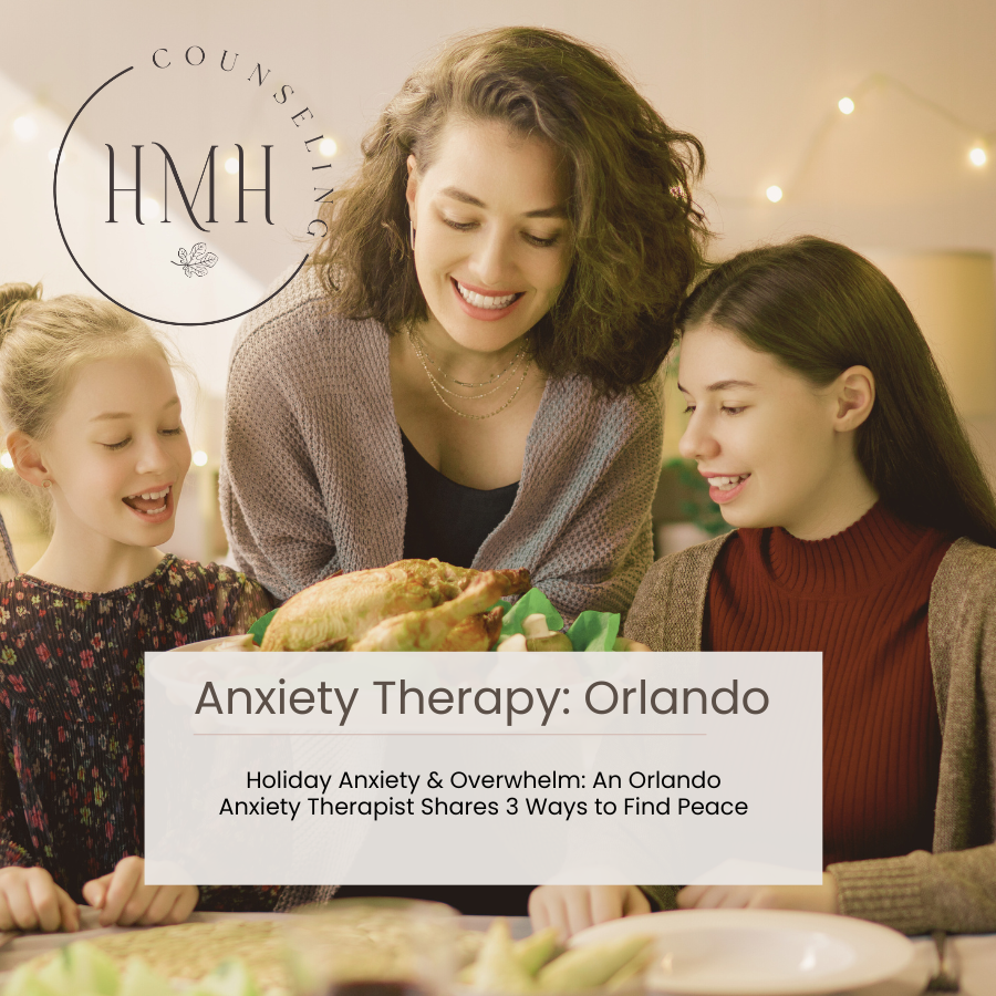 Orlando family holiday gathering showing joy and stress, symbolizing anxiety during holidays and need for therapy support in Central Florida