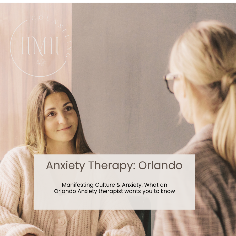 Therapist and client engaging in conversation symbolizing peace and mental clarity, used for a blog about manifesting culture, anxiety, and therapy in Orlando.