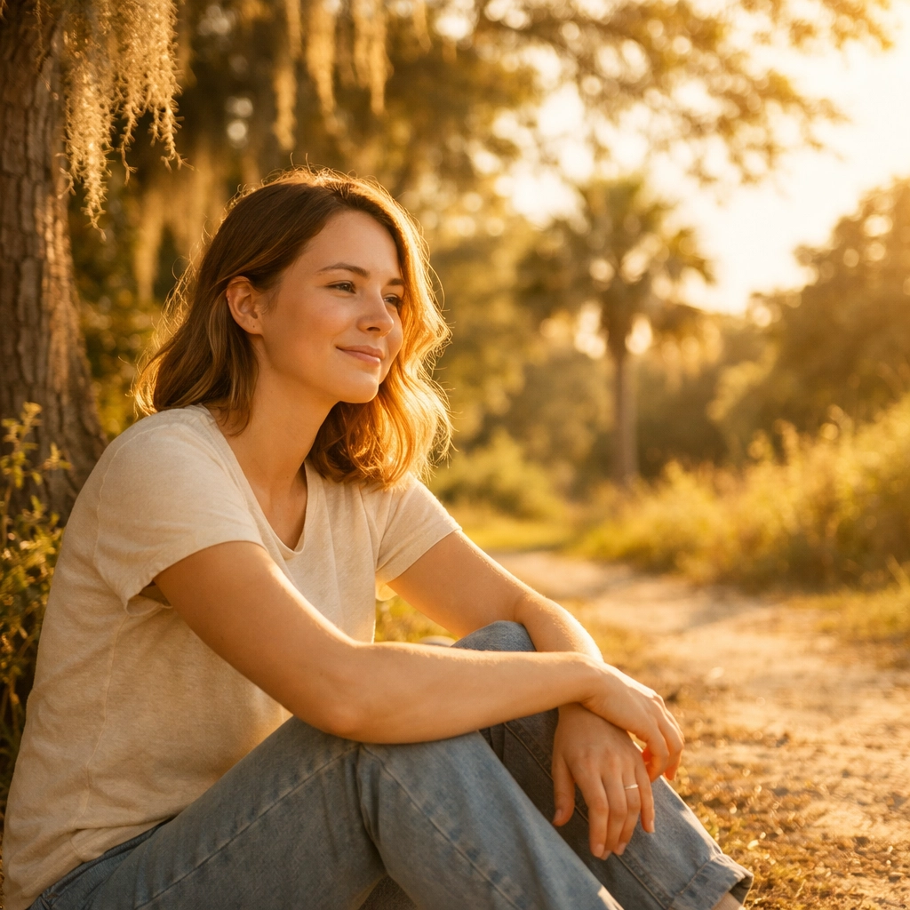 peaceful woman in nature, smiling showing healing through Christian counseling in Orlando