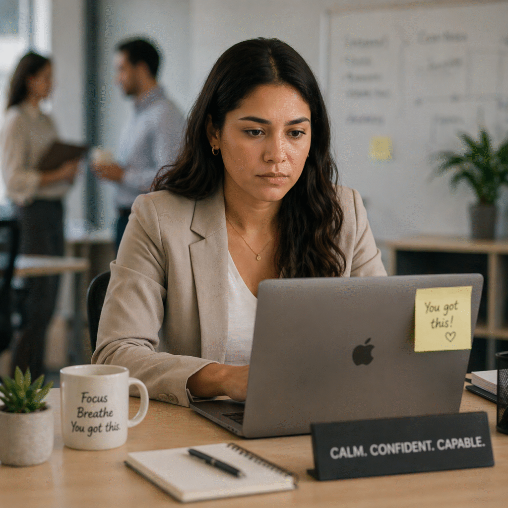 Woman appearing tense and distressed while waiting for a meeting to start, representing social anxiety symptoms