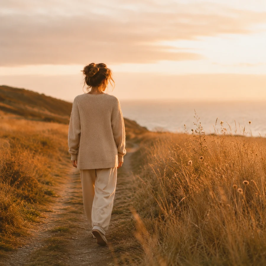Woman walking a peaceful path at sunset, symbolizing renewed thoughts and faith-based healing