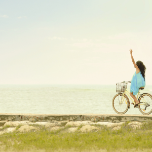 Movement in nature. woman peacefully writing bike for anxiety relief. Orlando, florida 